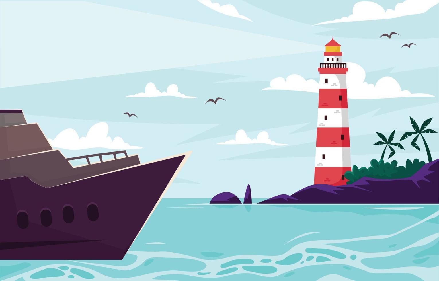Background of Blue Sea with Boat and Lighthouse vector