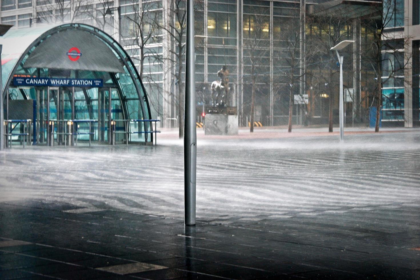 London, UK, 2005. Torrential Rain at Canary Wharf photo