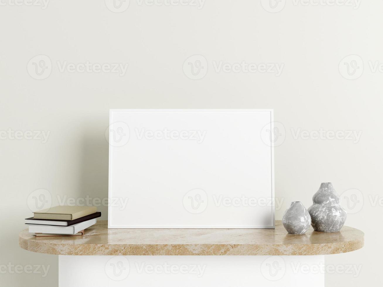 Minimalist horizontal white poster or photo frame mockup on the marble table with decoration