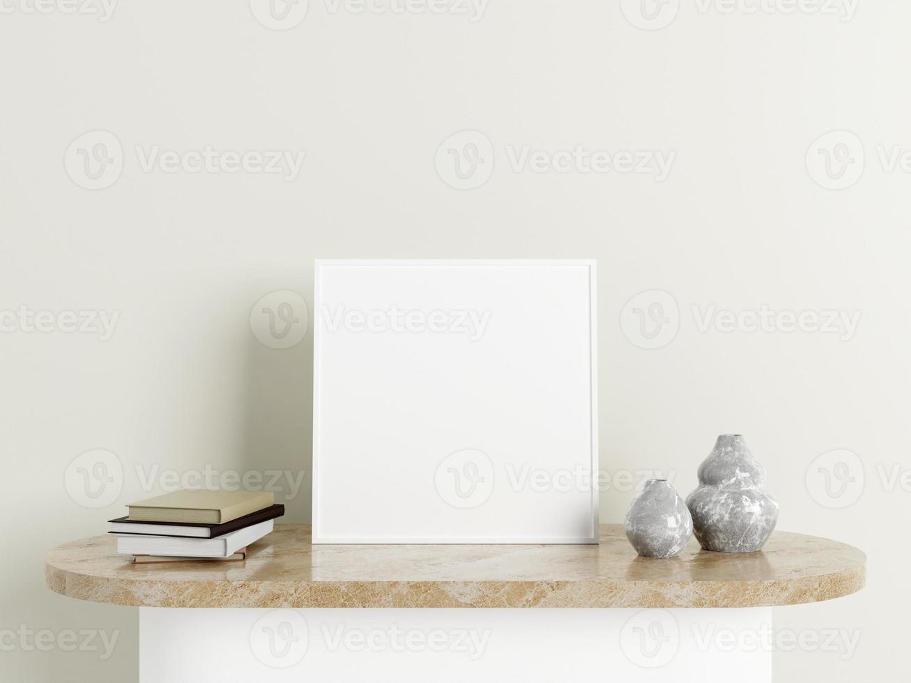 Minimalist square white poster or photo frame mockup on the marble table with decoration