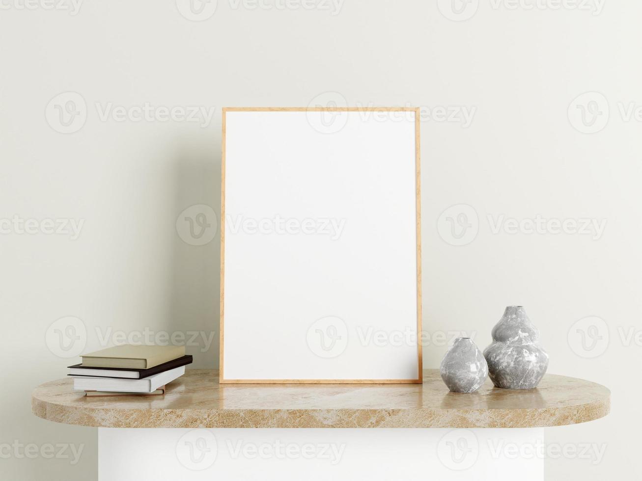 Minimalist vertical wooden poster or photo frame mockup on the marble table with decoration