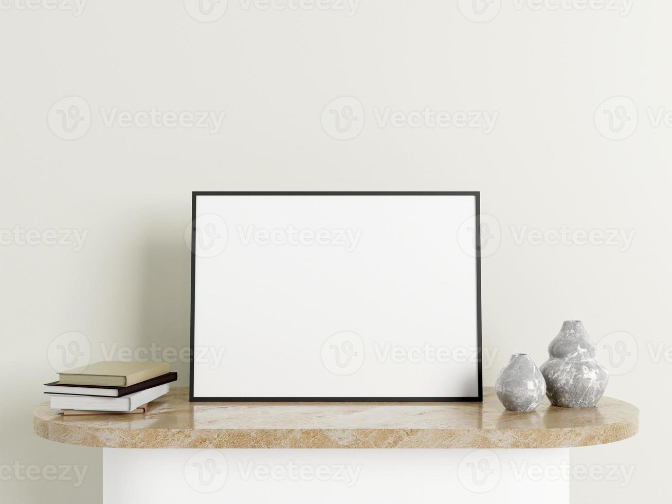 Minimalist horizontal black poster or photo frame mockup on the marble table with decoration