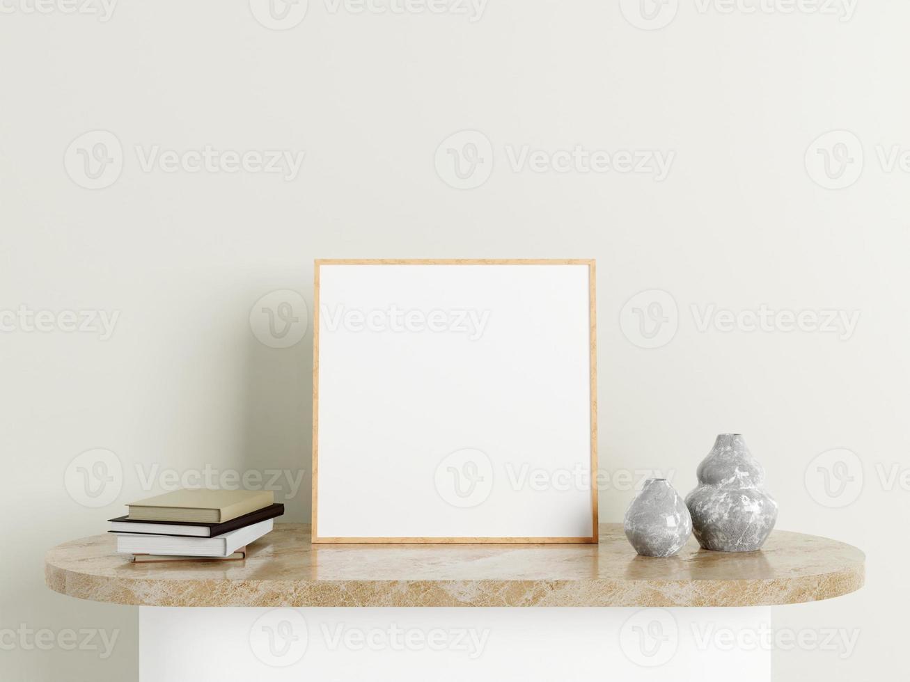 Minimalist square wooden poster or photo frame mockup on the marble table with decoration