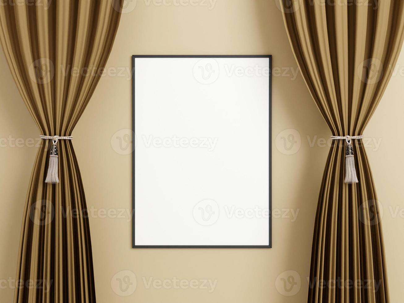 Minimalist vertical black poster or photo frame mockup on the wall between the curtain.