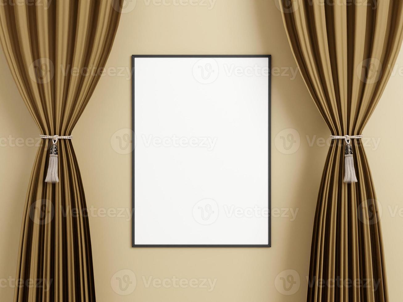 Minimalist vertical black poster or photo frame mockup on the wall between the curtain.