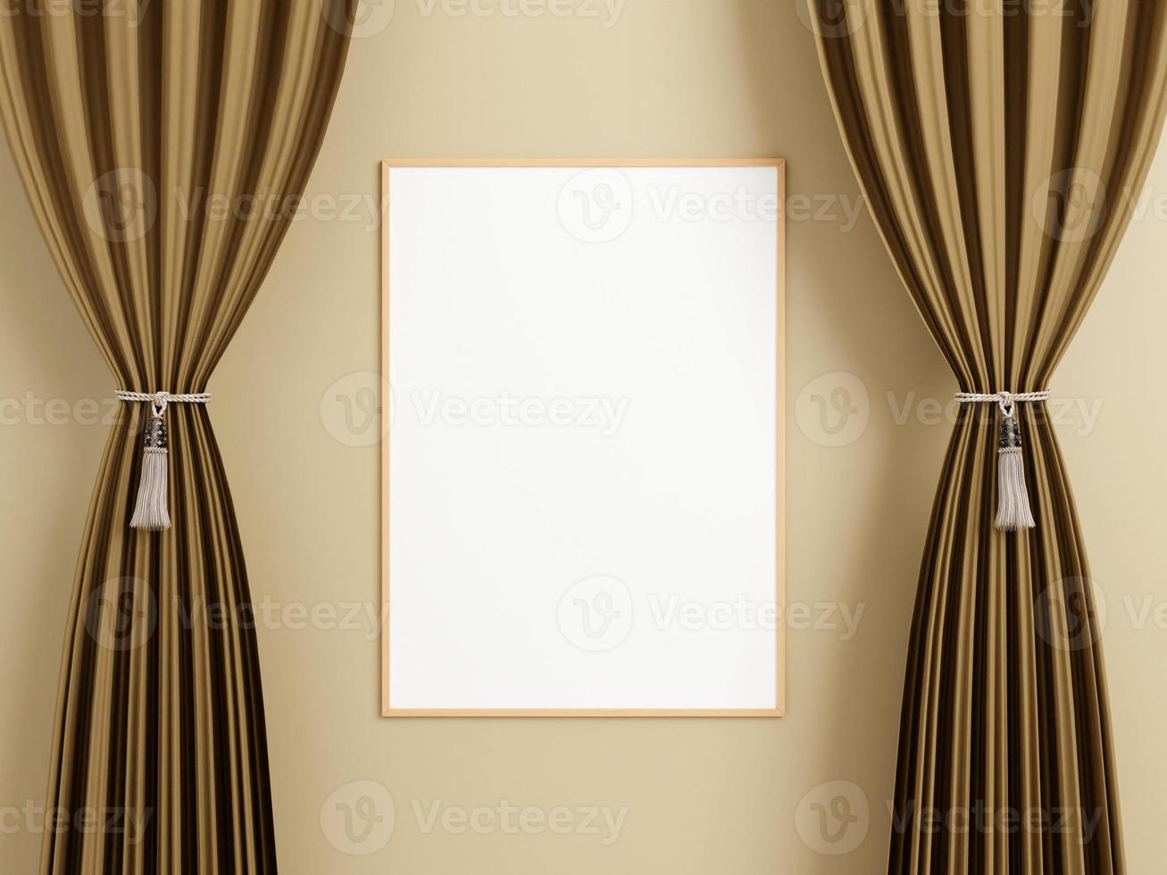 Minimalist vertical wooden poster or photo frame mockup on the wall between the curtain.