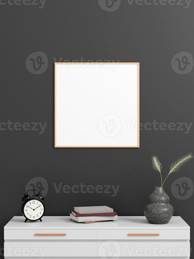 Minimalist square wooden poster or photo frame mockup on the wall with book and decoration