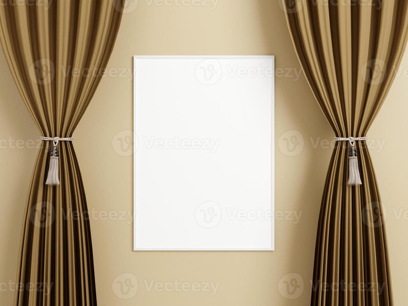 Minimalist vertical white poster or photo frame mockup on the wall between the curtain.