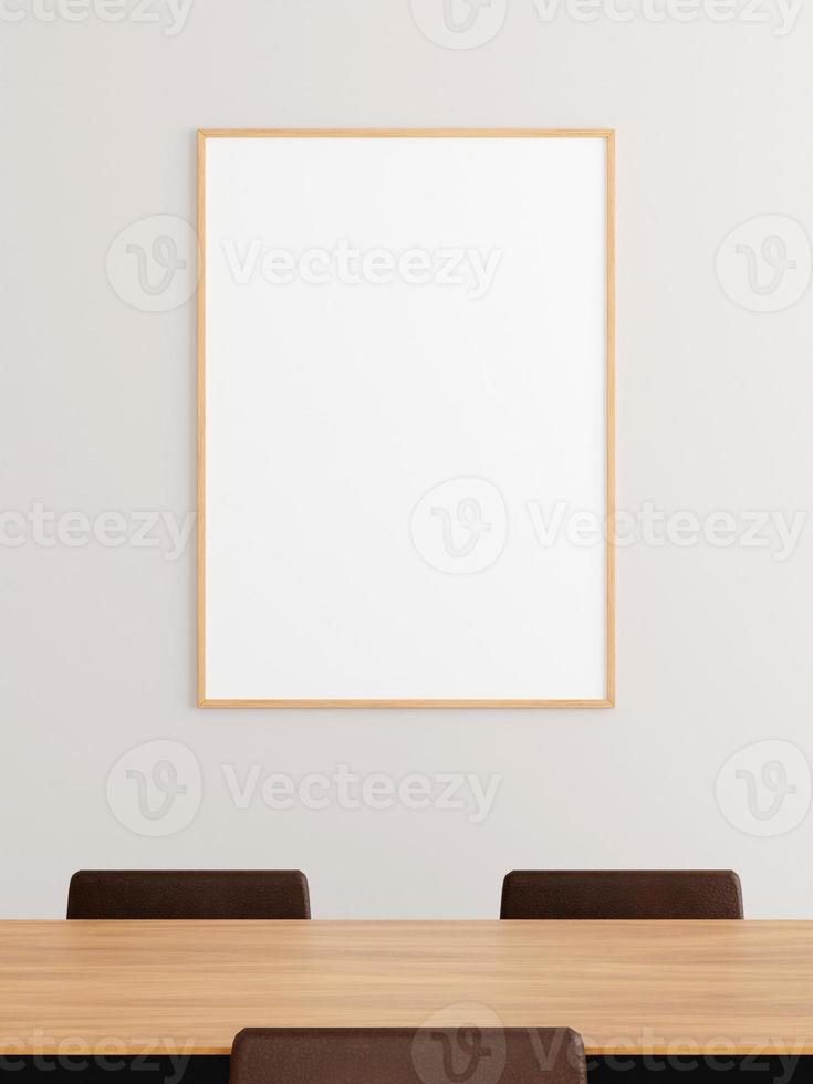 póster de madera vertical minimalista o maqueta de marco de fotos en la pared de la sala de reuniones de la oficina.