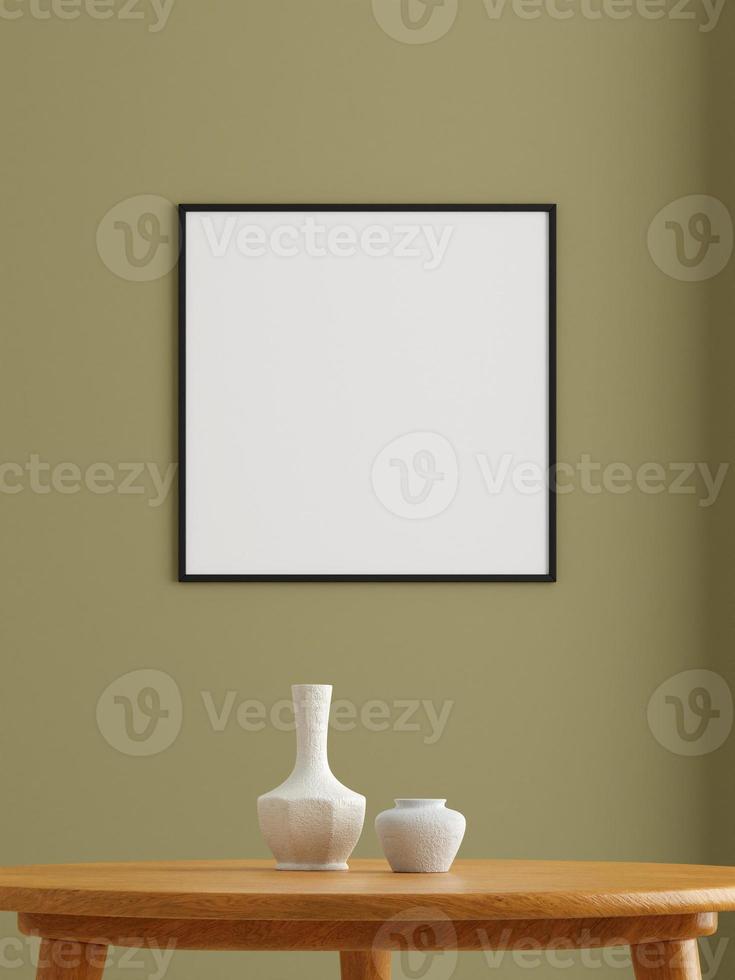 Minimalist square black poster or photo frame mockup on the wall in the living room. 3d rendering.