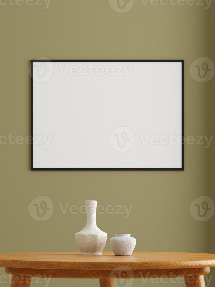 cartel negro horizontal minimalista o maqueta de marco de fotos en la pared de la sala de estar. representación 3d