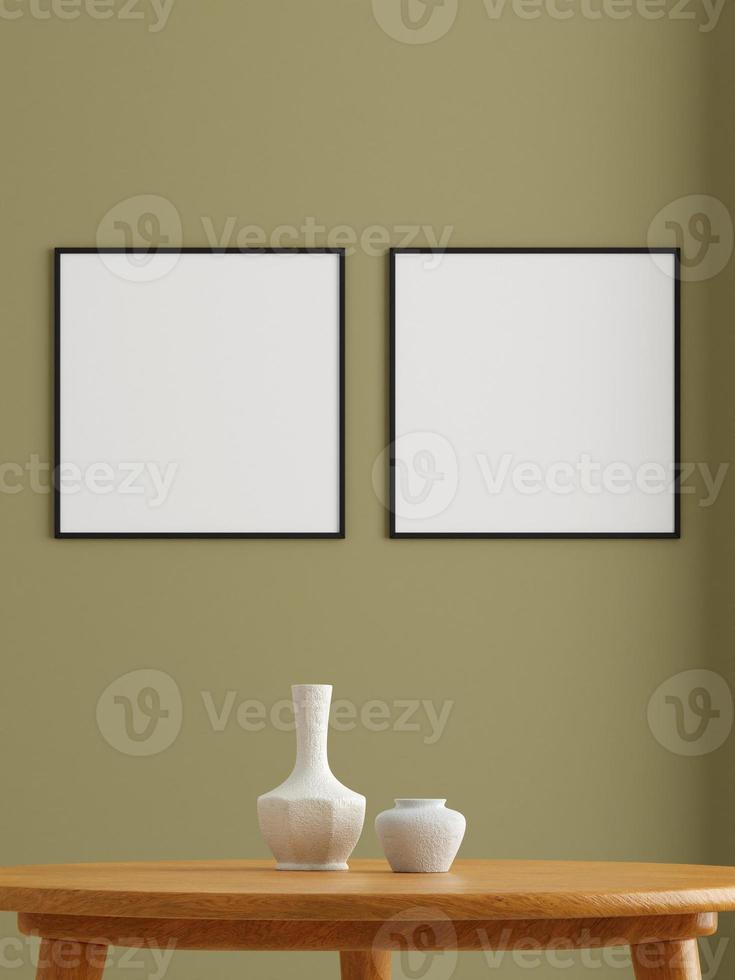 Double minimalist square black poster or photo frame mockup on the wall in the living room. 3d rendering.