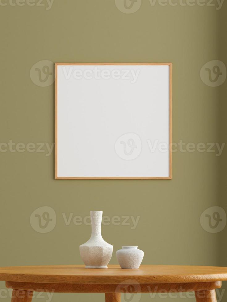 Minimalist square wooden poster or photo frame mockup on the wall in the living room. 3d rendering.