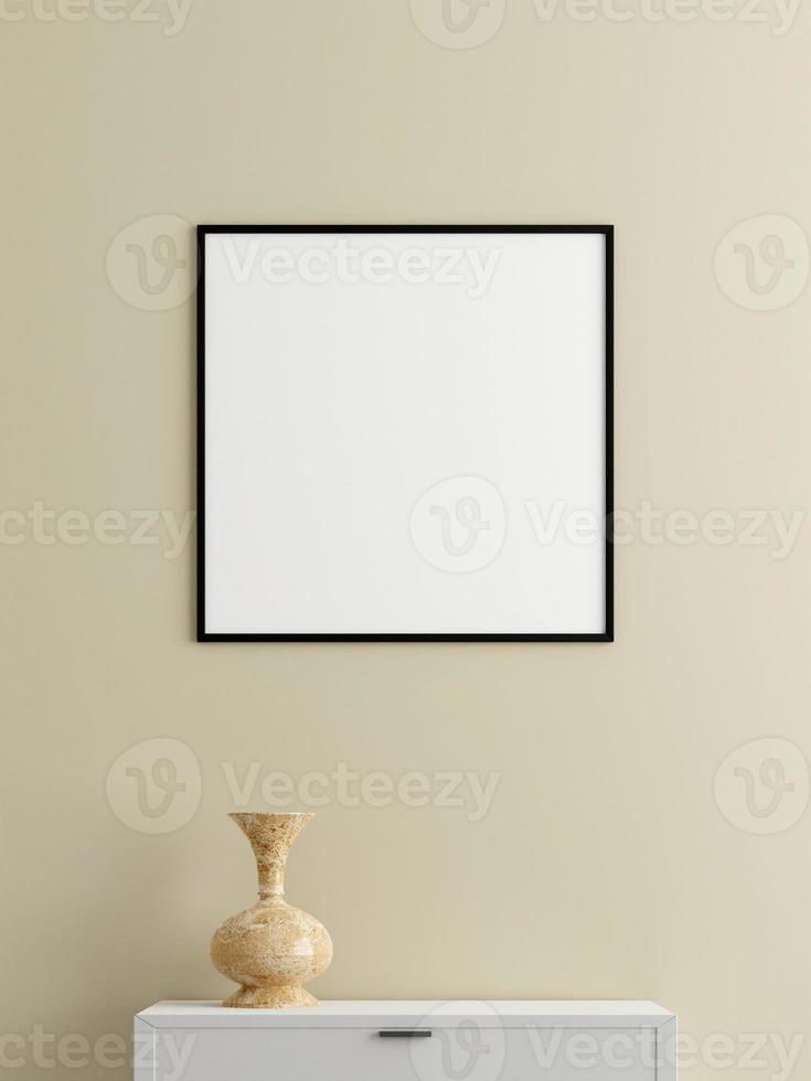 Minimalist square black poster or photo frame mockup on the wall in the living room with desk. 3d rendering.