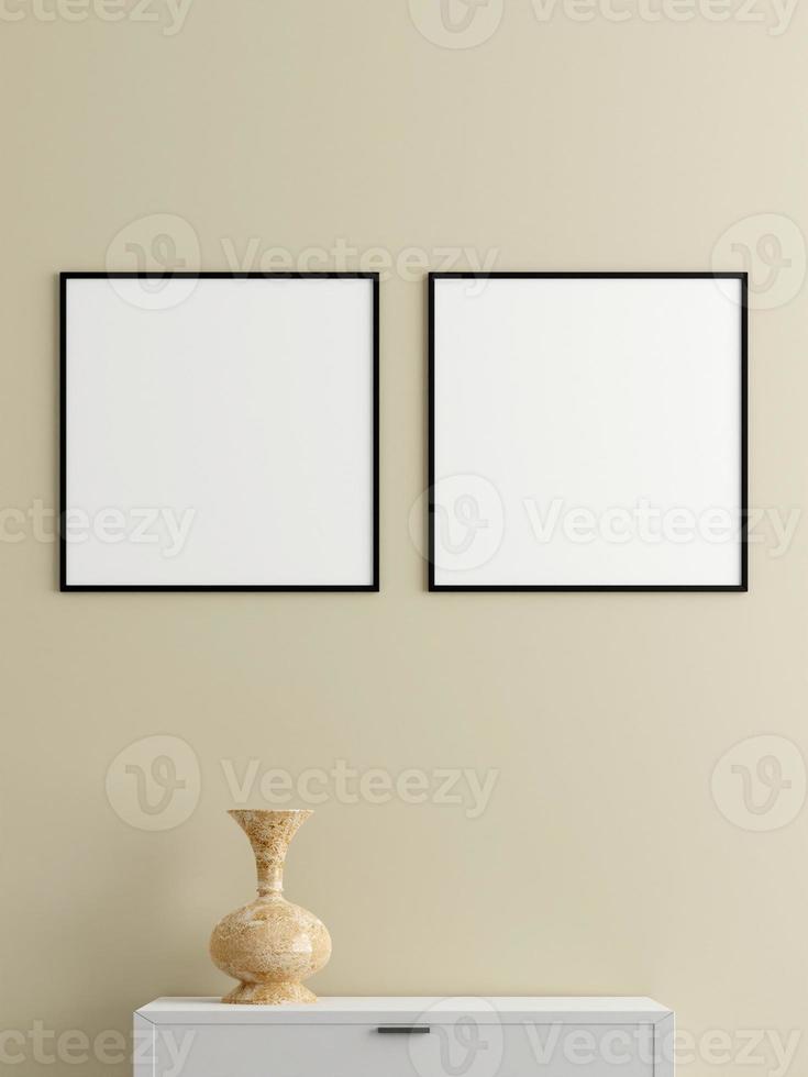 Twin minimalist square black poster or photo frame mockup on the wall in the living room with desk. 3d rendering.