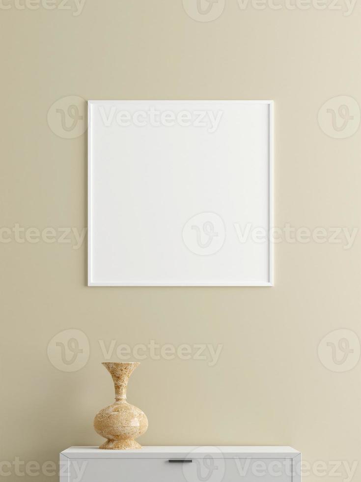 Minimalist square white poster or photo frame mockup on the wall in the living room with desk. 3d rendering.