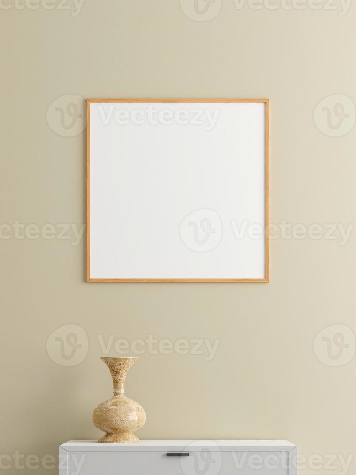 Minimalist square wooden poster or photo frame mockup on the wall in the living room with desk. 3d rendering.