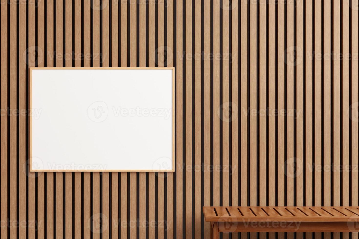 Modern and minimalist horizontal wooden poster or photo frame mockup on the outdoor wooden wall. 3d rendering.