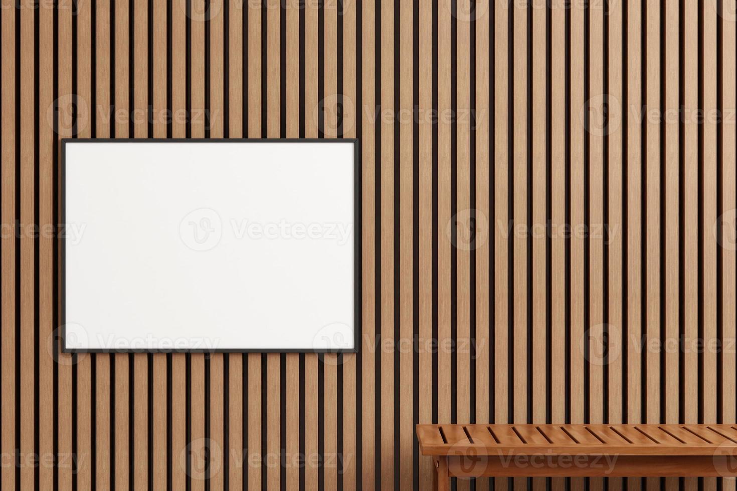 Modern and minimalist horizontal black poster or photo frame mockup on the outdoor wooden wall. 3d rendering.