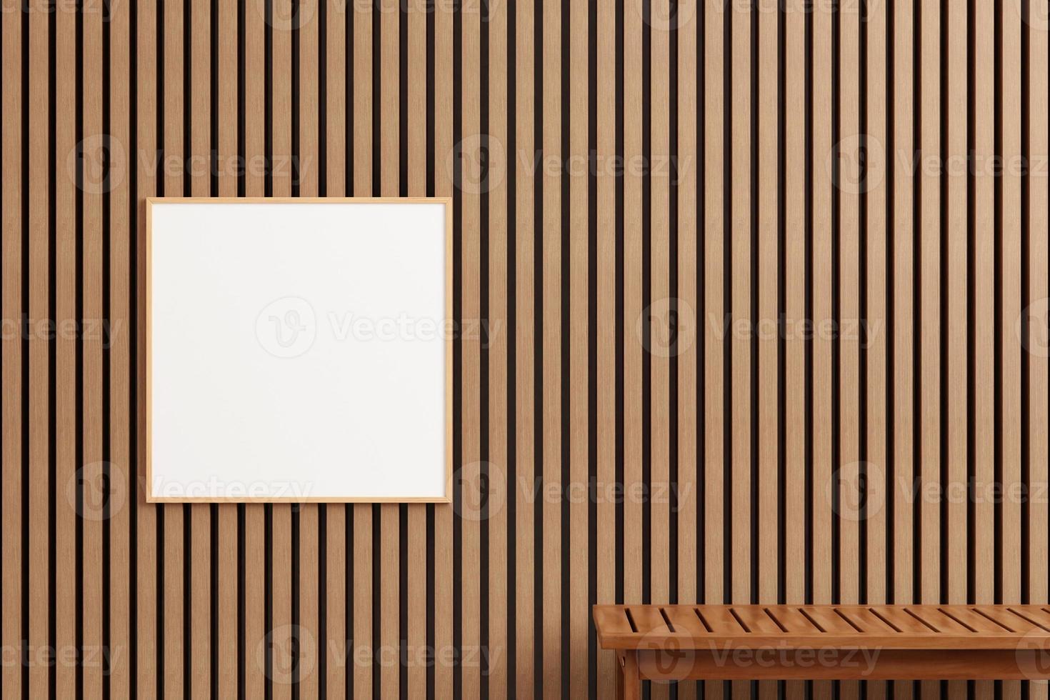 Modern and minimalist square wooden poster or photo frame mockup on the outdoor wooden wall. 3d rendering.