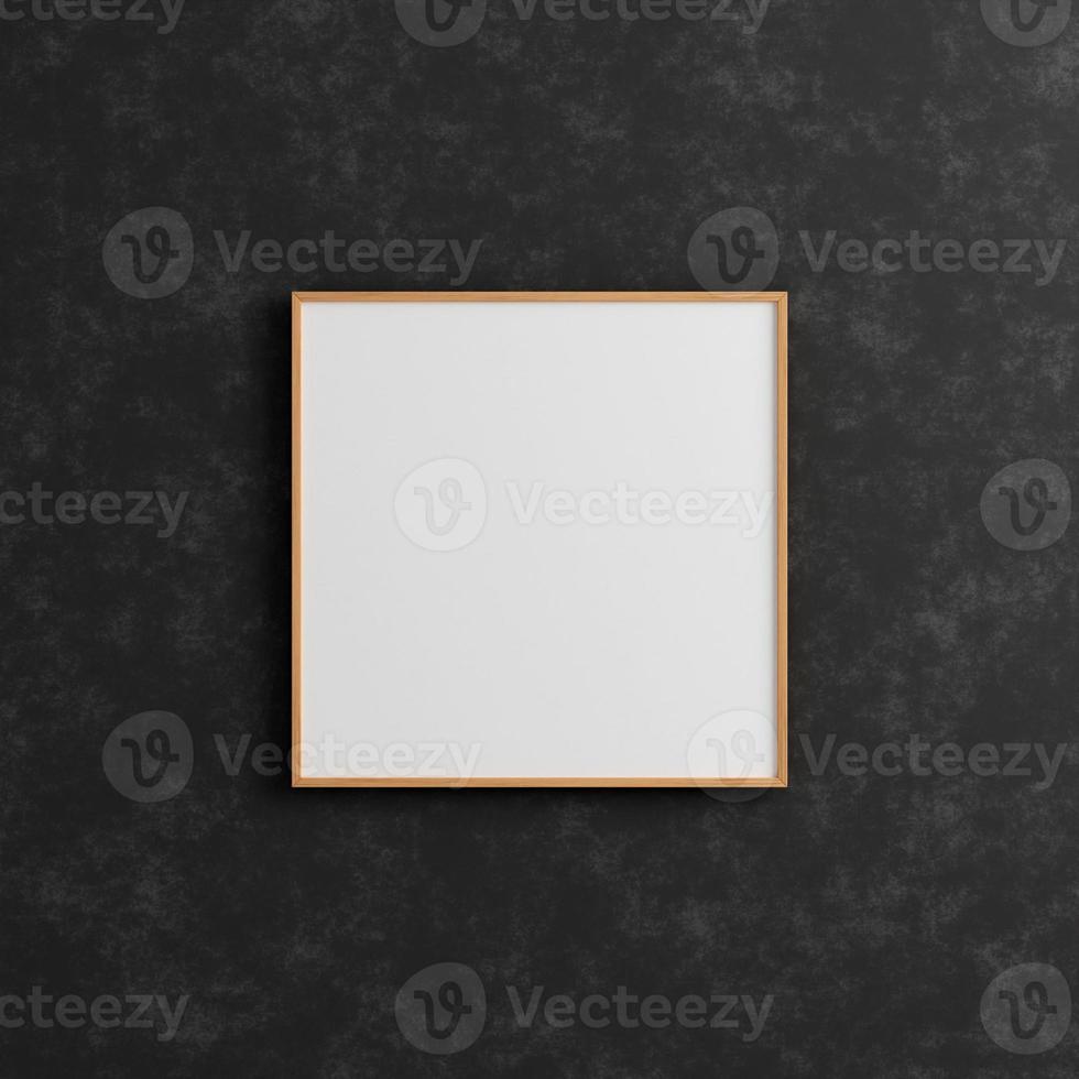 Modern and minimalist square wooden poster or photo frame mockup on the industrial black wall. 3d rendering.