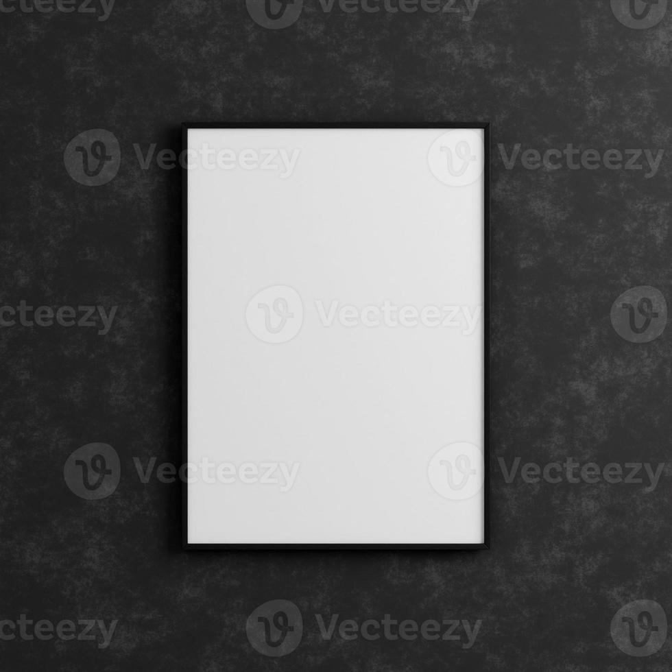 Modern and minimalist vertical black poster or photo frame mockup on the industrial black wall. 3d rendering.