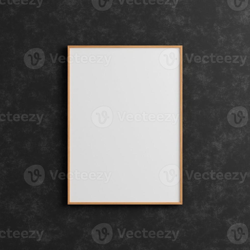 Modern and minimalist vertical wooden poster or photo frame mockup on the industrial black wall. 3d rendering.