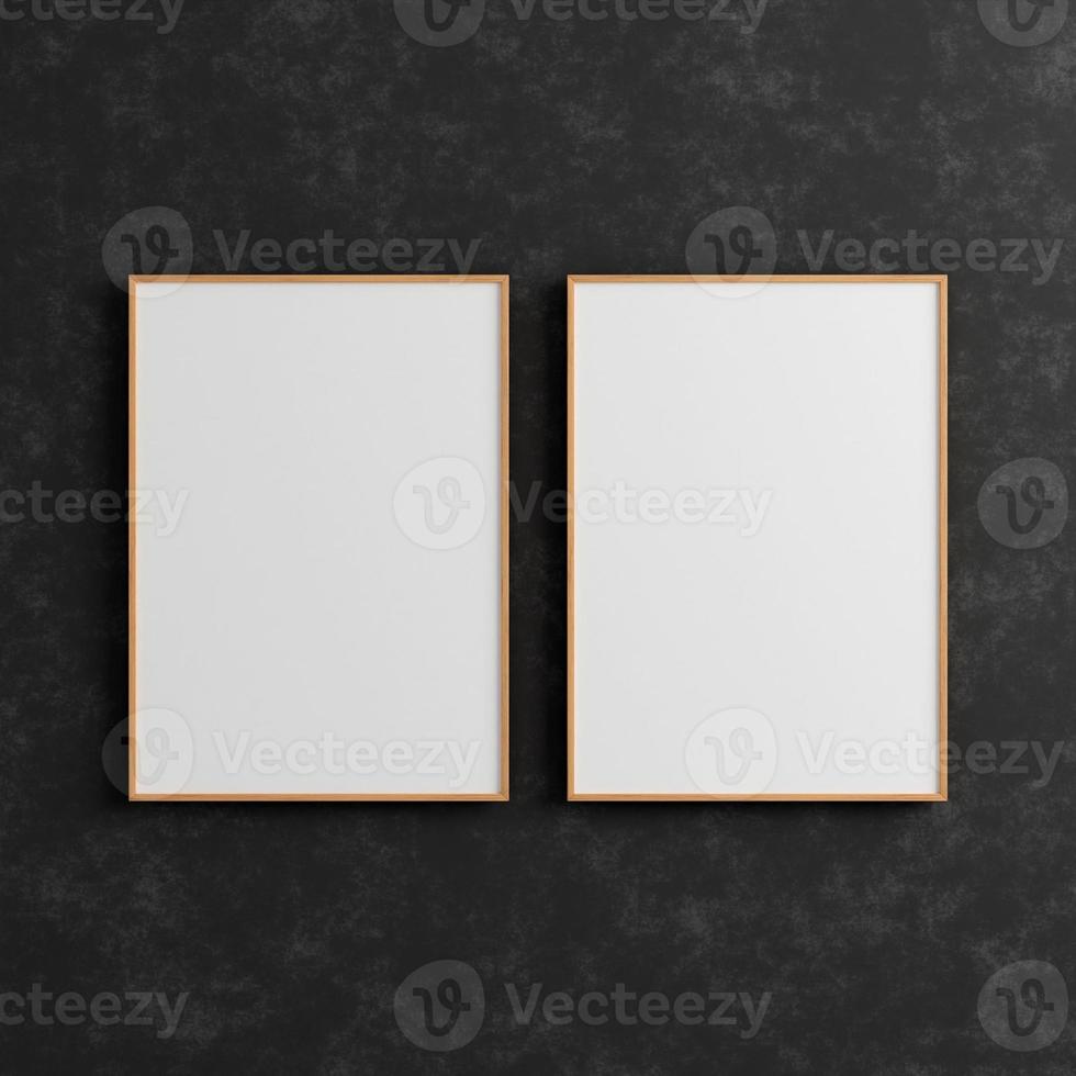 Two modern and minimalist vertical wooden poster or photo frame mockup on the industrial black wall. 3d rendering.