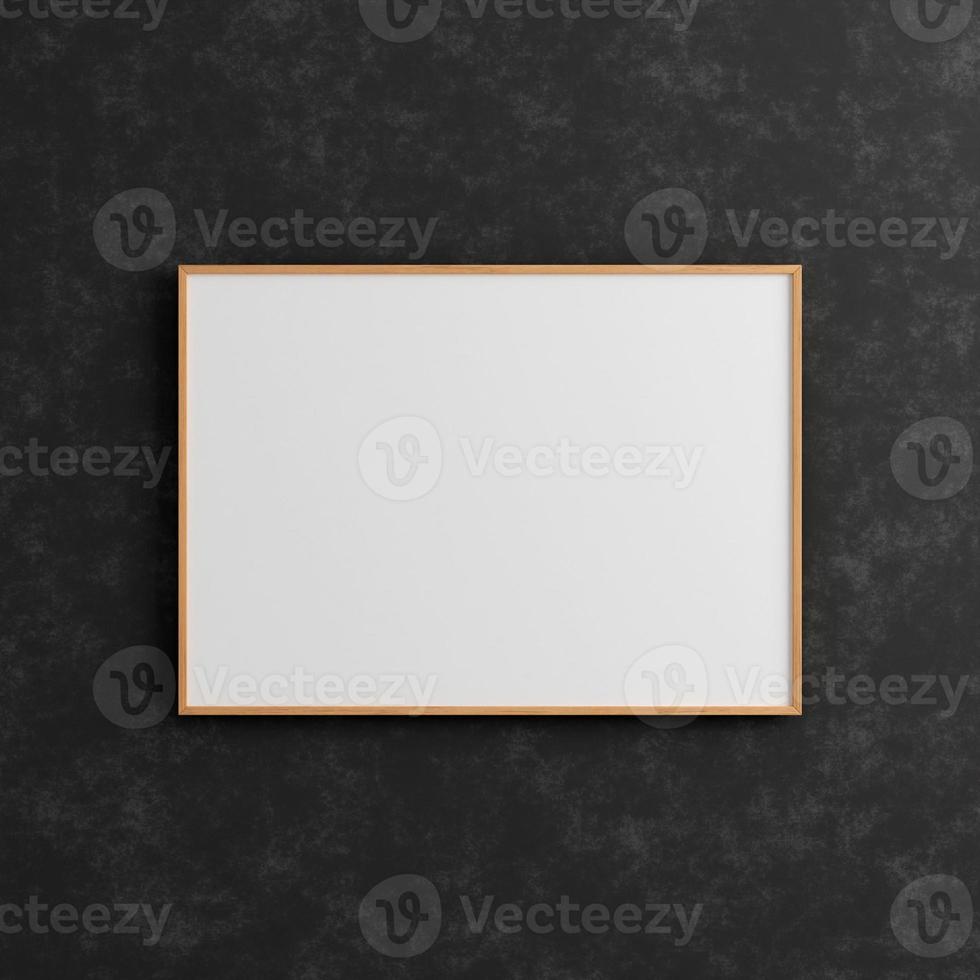 Modern and minimalist horizontal wooden poster or photo frame mockup on the industrial black wall. 3d rendering.