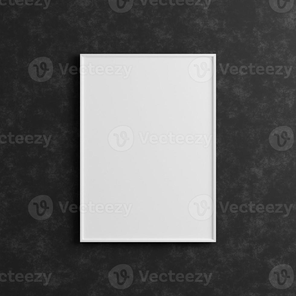 Modern and minimalist vertical white poster or photo frame mockup on the industrial black wall. 3d rendering.