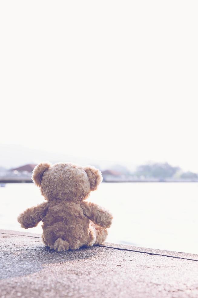 A sad teddy bear sits on a bridge alone looking at the sea in lonely with copy space. Toy, doll, for child. photo