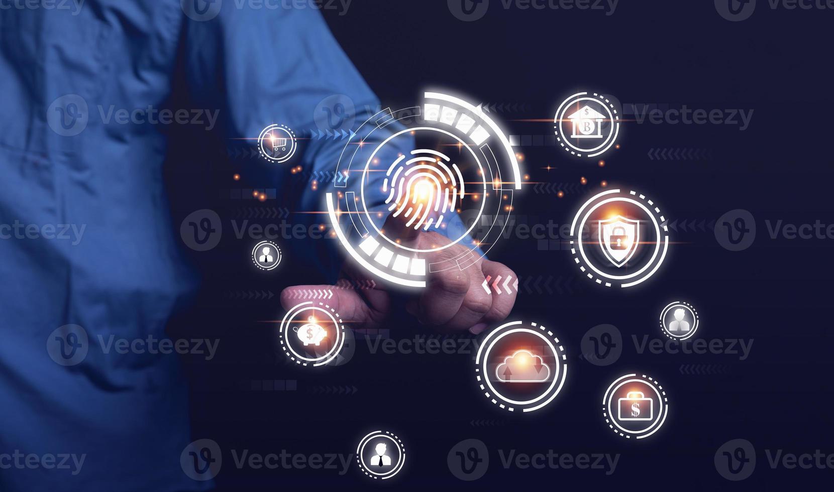 Protect personal information, business people are scanning their fingerprints to log into the internet. Personal information is safe and must be logged in using a password. photo