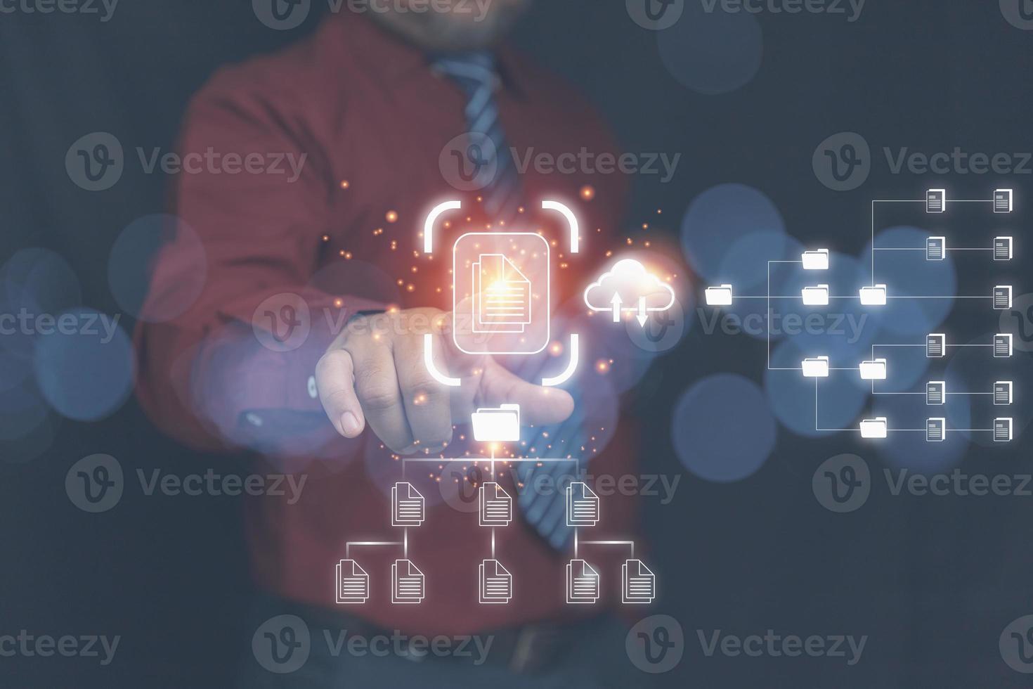 Businessman touching virtual data at corporate to the future. Virtual online documentation database. Document Management System. Process digital technology to efficiently manage files documentation. photo
