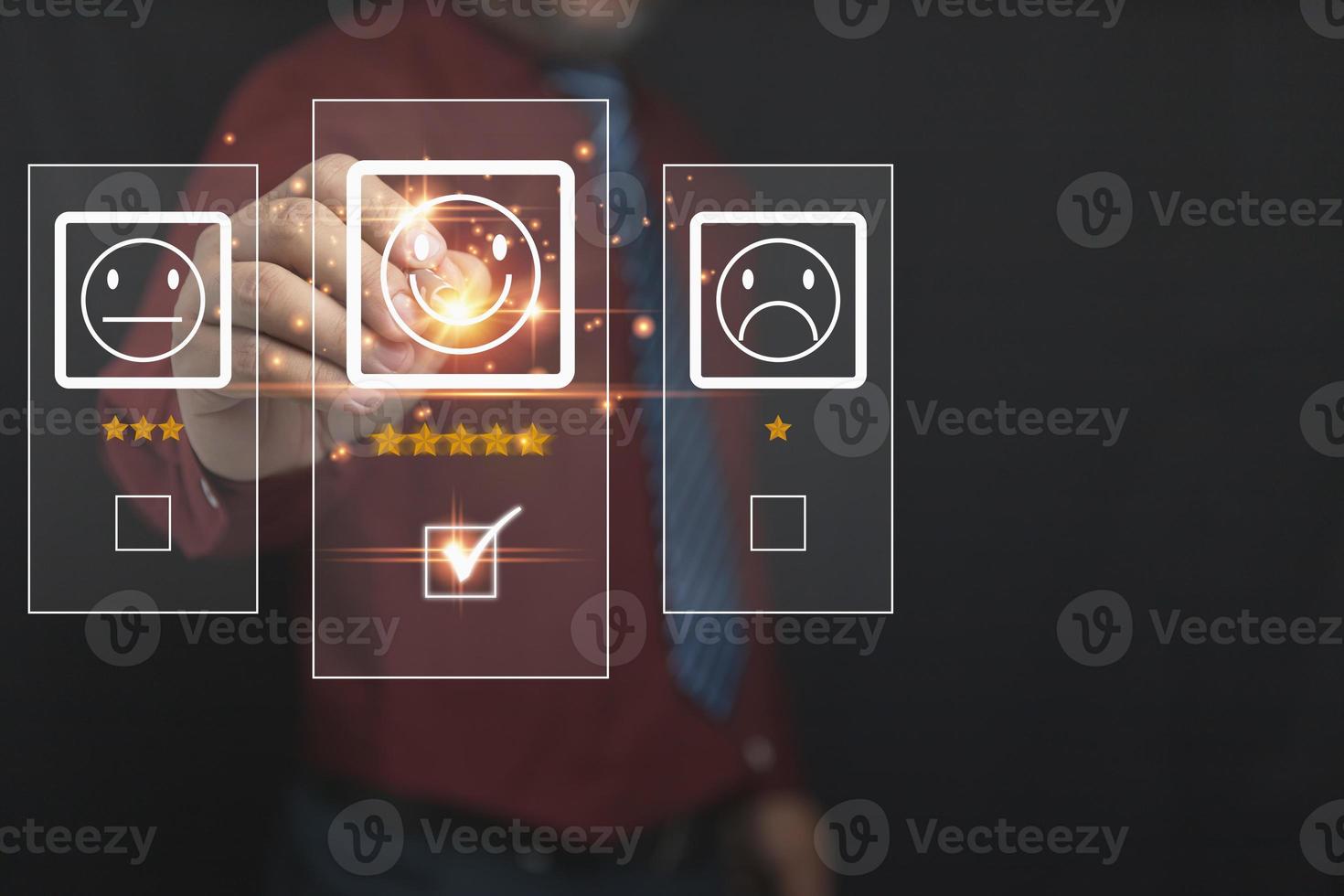 The businessman uses a pen to touch the virtual screen on the happy smiley face icon top 5 star with copy space. Satisfaction to service high, Customer service business concept, rating very impressed. photo