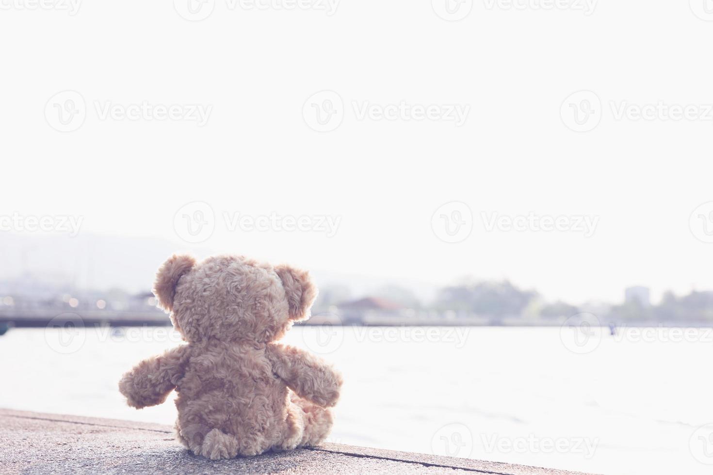 A sad teddy bear sits on a bridge alone looking at the sea in lonely with copy space. Toy, doll, for child. photo