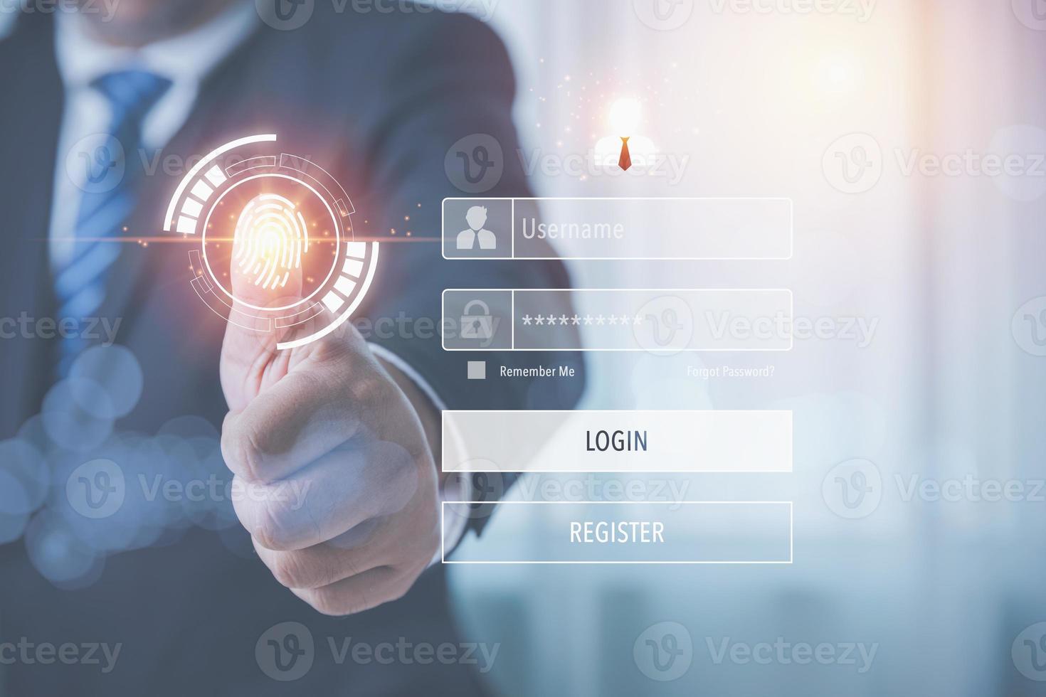 Cyber security login by password concept. User login identification personal information for the security of privacy protection data. Use password input login. Businessman touching on virtual screen. photo