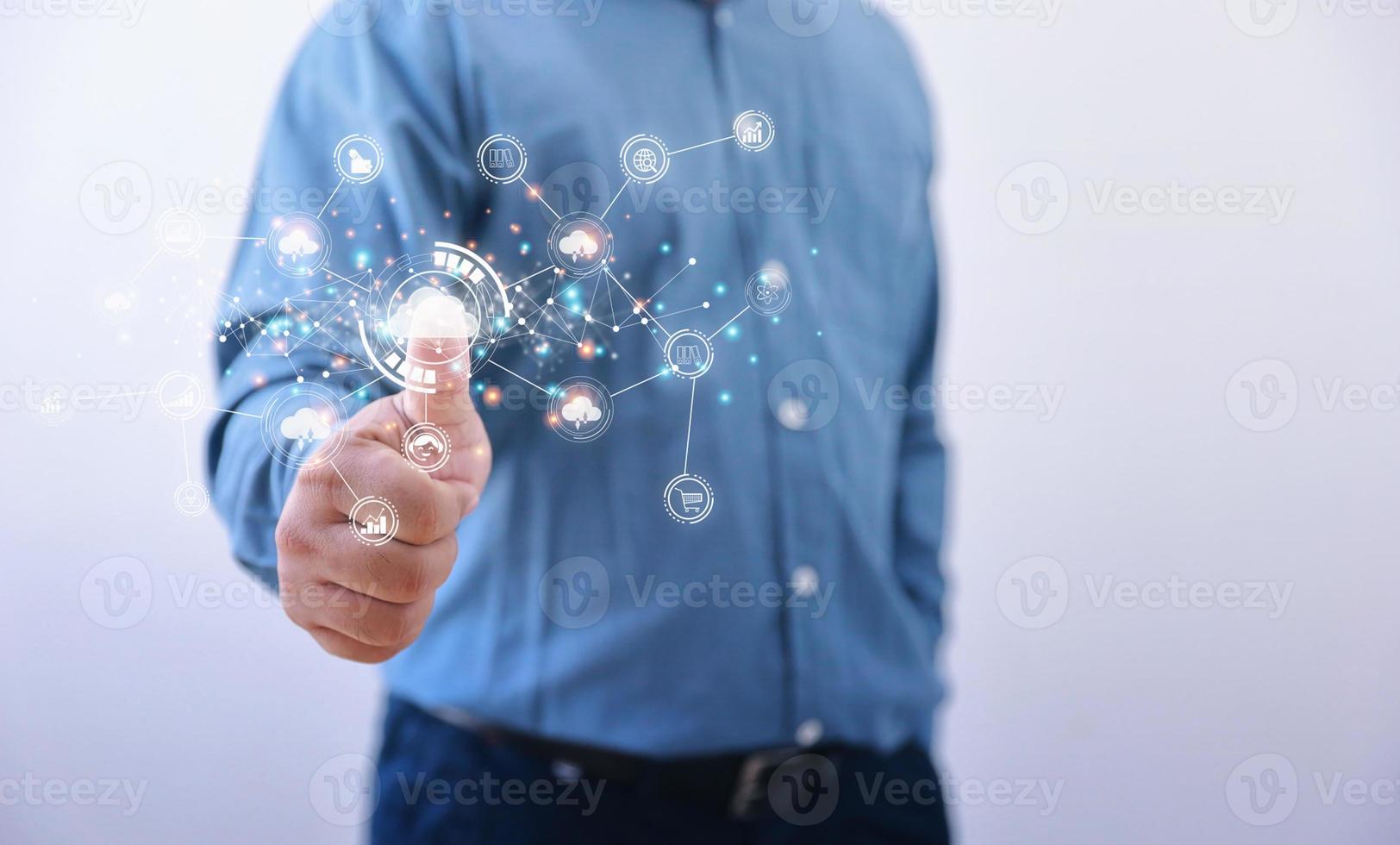 Protection database, business, internet digital network, technology concept. Businessman touching icon cloud computing with network and data information business. photo