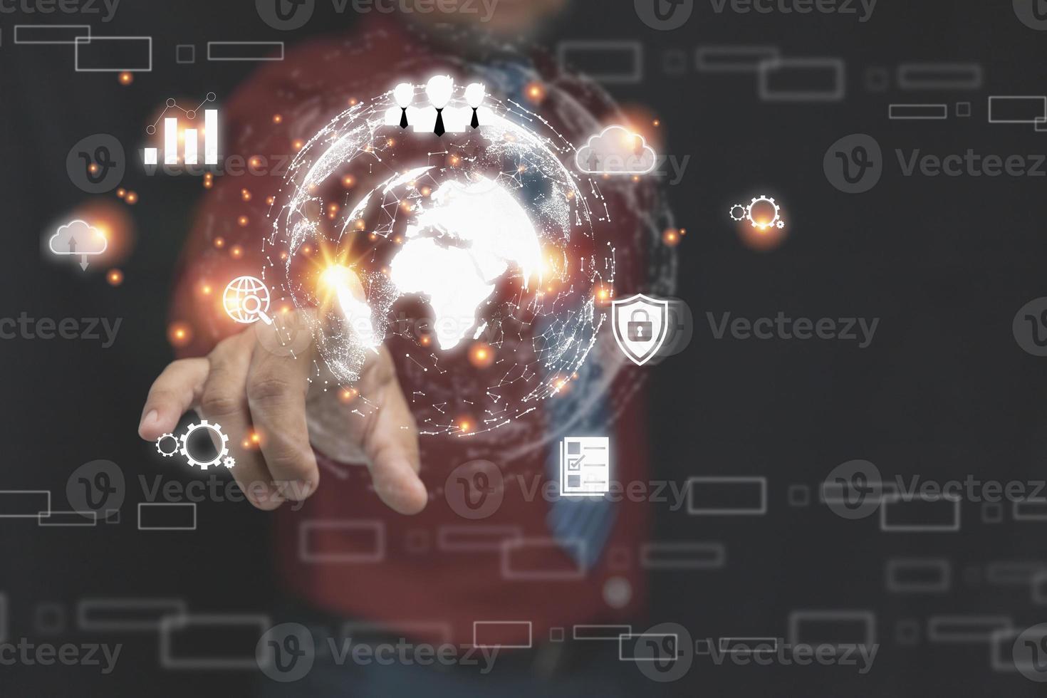 Businessman touching point global internet connection business application technology and digital marketing to the future. Financial and banking, Digital link tech, big data. photo