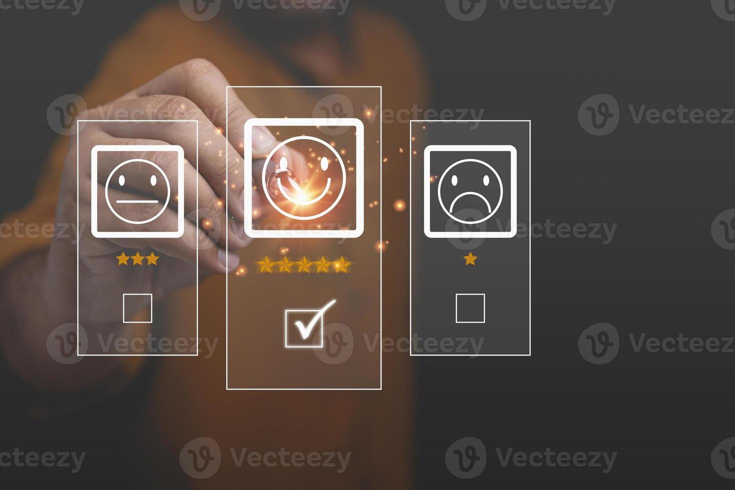 The businessman uses a pen to touch the virtual screen on the happy smiley face icon top 5 star with copy space. Satisfaction to service high, Customer service business concept, rating very impressed. photo