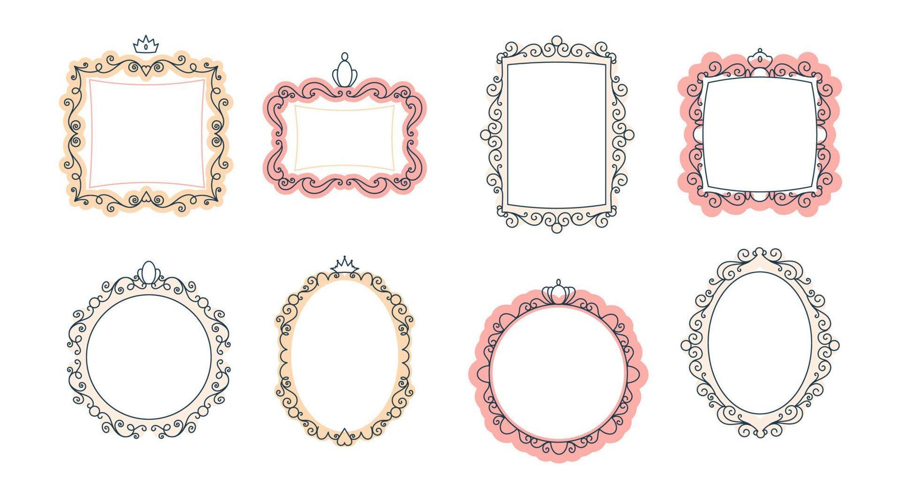 Cute set of mirrors for a princess with crowns. Frames for girls are decorative. Vector elements of a fairytale illustration