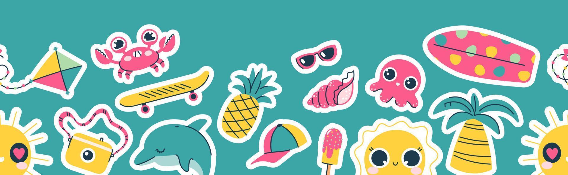 Summer border banner with stickers. Cute crabs and palm trees with dolphins in a trendy doodle style. Bright vector horizontal background with vacation concept