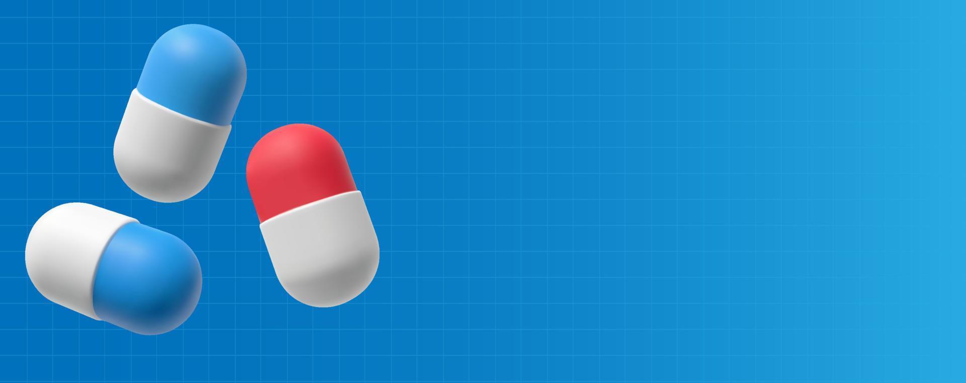 Vector banner with medical pills. Pharmacy capsules for health. Realistic 3d illustration