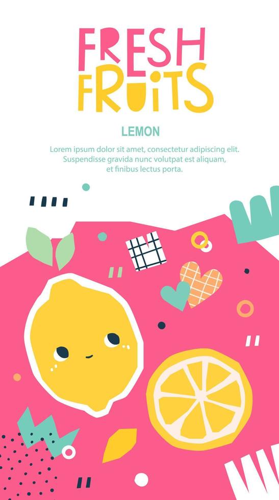 Kids's fruit packaging with lemon. Vector illustration of summer menu