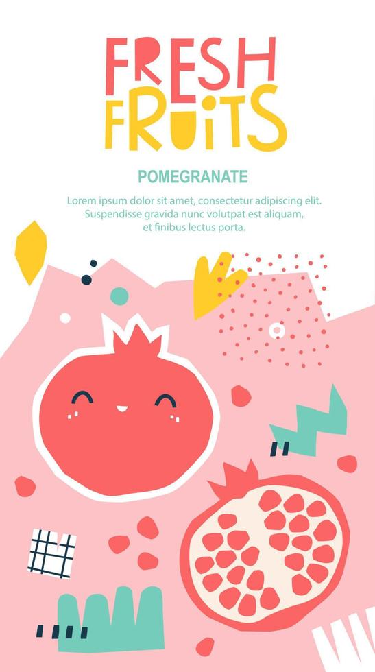 Fresh fruit cute pomegranate. Packaging of children's cosmetics, shampoo, food. Summer menu cover vector