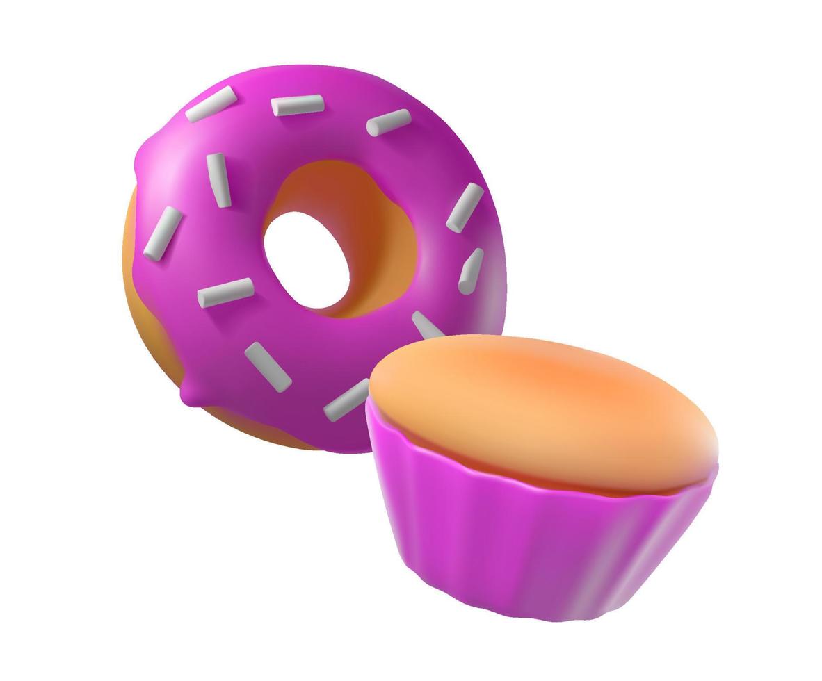 Donut and muffin in realistic trendy style. Vector illustration of food 3D