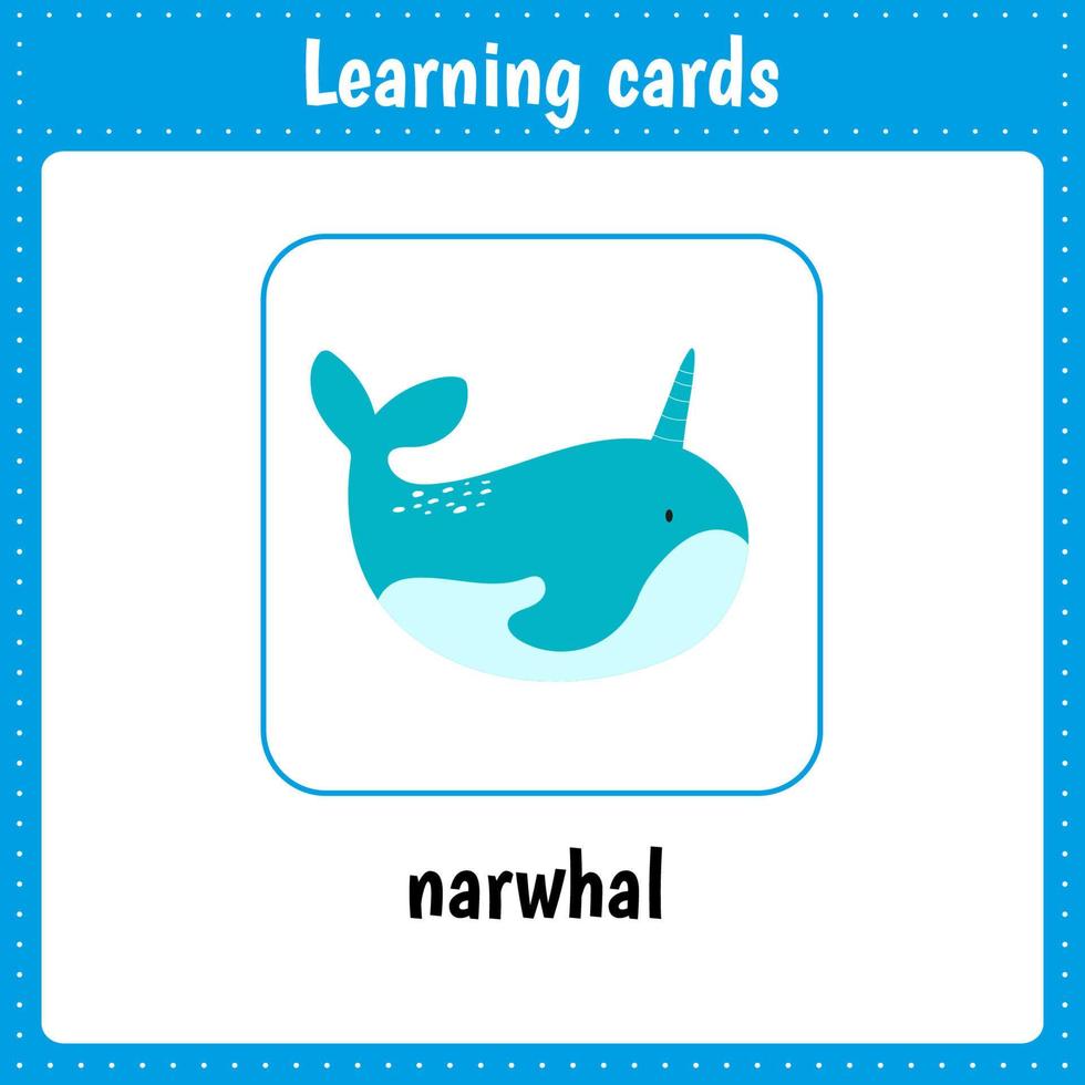 Learning cards for kids. Animals. Narwhal vector