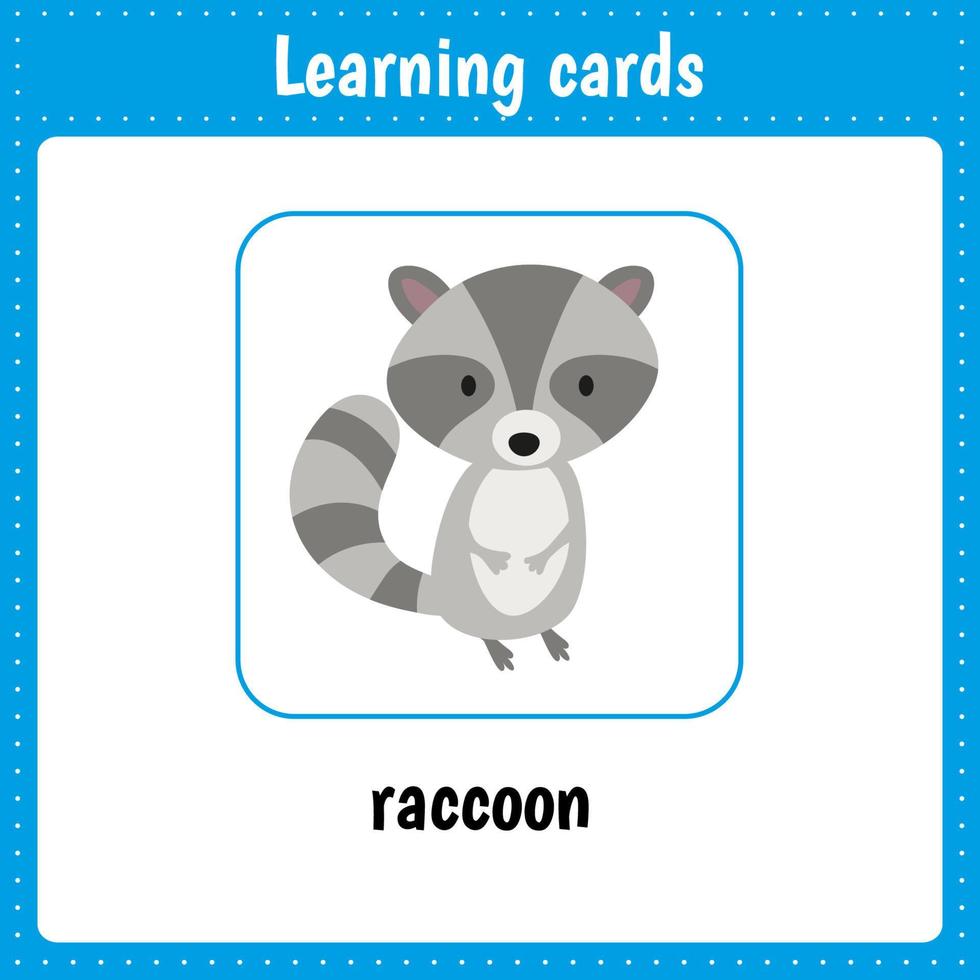 Learning cards for kids. Animals. Raccoon. vector