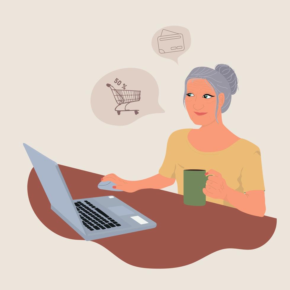 Cute old lady shopping online vector