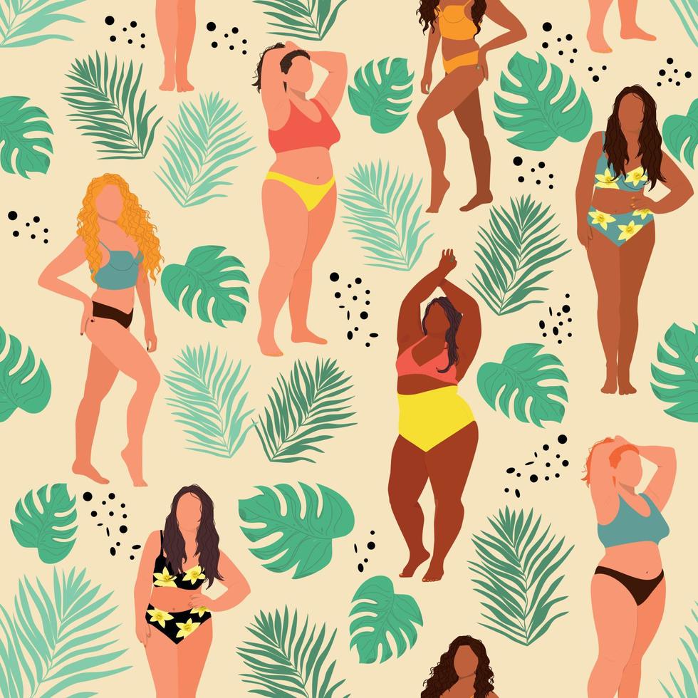 Seamless pattern with women in summer swimsuits and palm leaves. vector