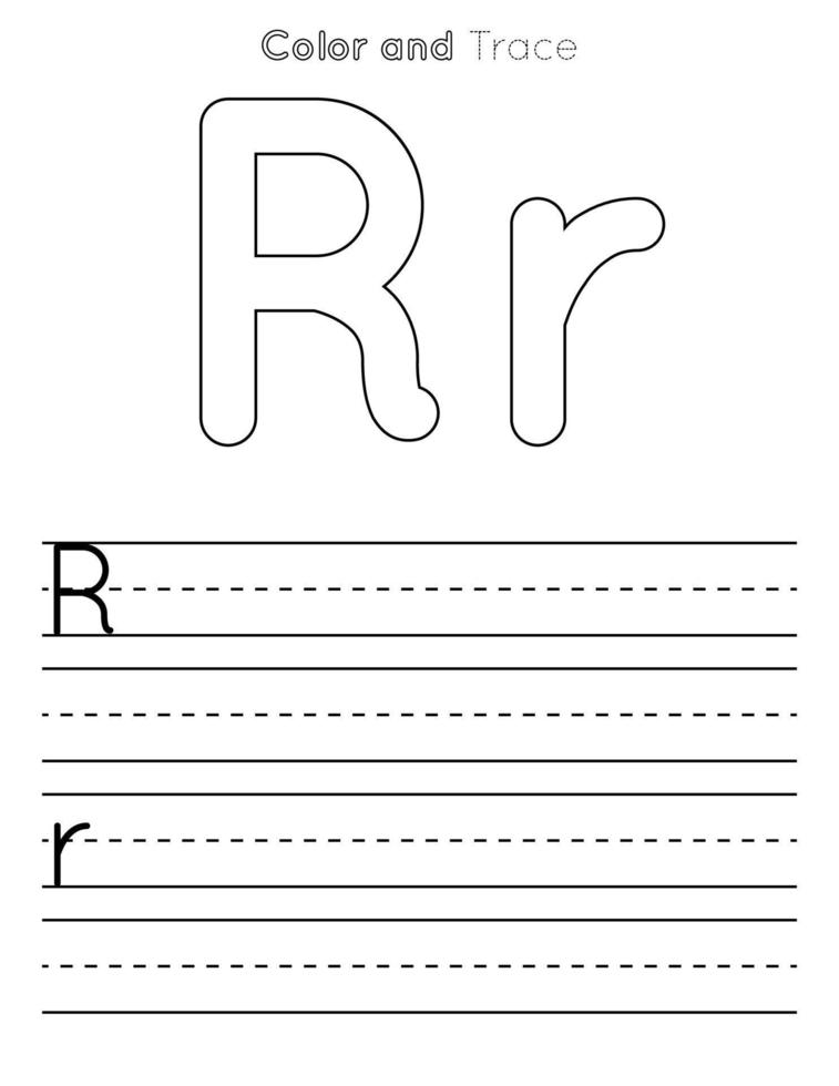 Hoja de trabajo de rastreo de letras r. hoja de trabajo para niños con letras mayúsculas y minúsculas o trazas del alfabeto vector